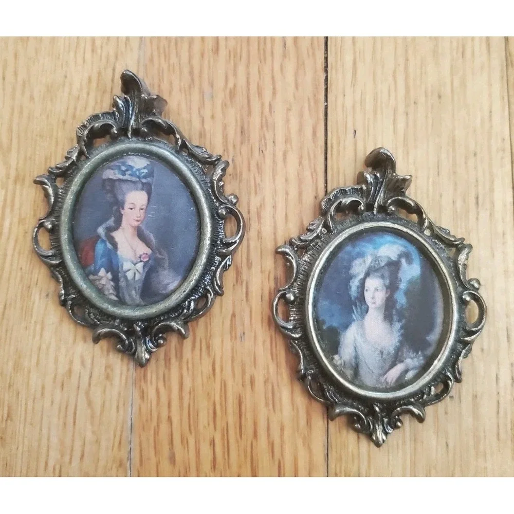 Set of Antique Mini Victorian Ornate Italian Silk Cameo Art Picture Brass Frames